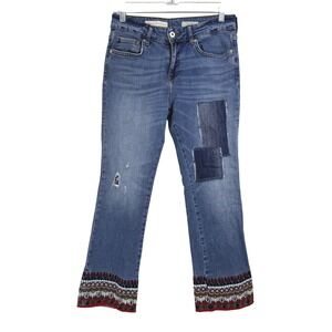 Pilcro Anthropologie Embroidered Patch Jeans Distressed Denim Flare Leg‎ Size 27